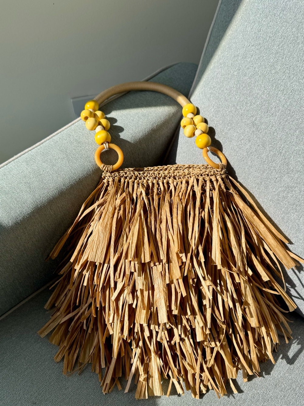 Woven Fringe Straw Tote Bag with Yellow Bead Handle